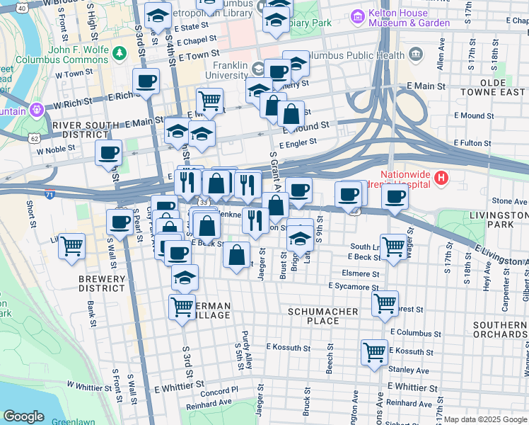 map of restaurants, bars, coffee shops, grocery stores, and more near in Columbus