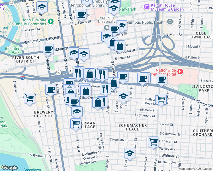 map of restaurants, bars, coffee shops, grocery stores, and more near in Columbus