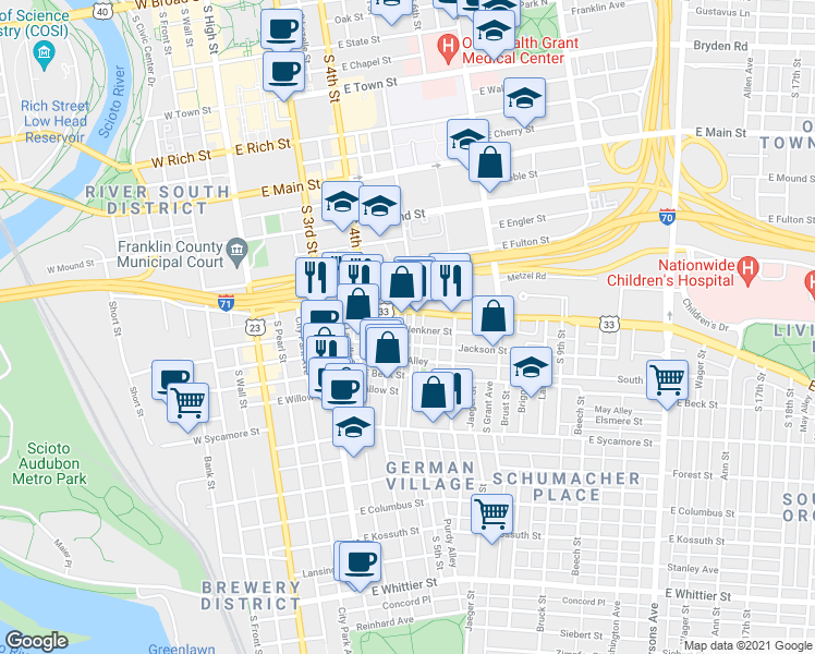 map of restaurants, bars, coffee shops, grocery stores, and more near 243 East Livingston Avenue in Columbus