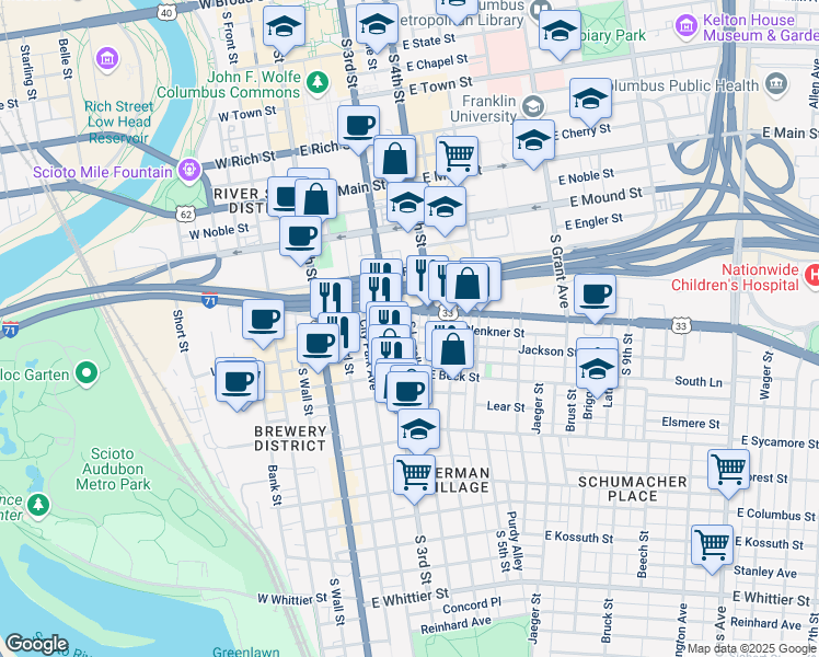 map of restaurants, bars, coffee shops, grocery stores, and more near 133 East Livingston Avenue in Columbus