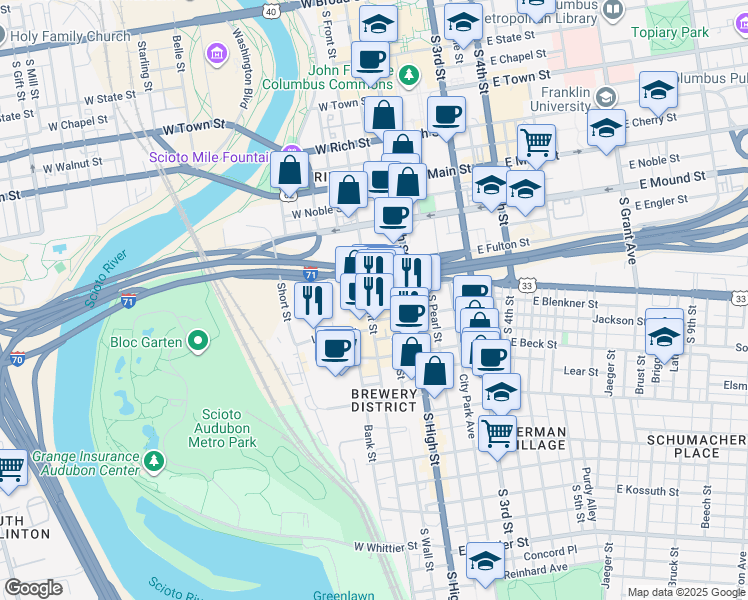 map of restaurants, bars, coffee shops, grocery stores, and more near 477 South Front Street in Columbus