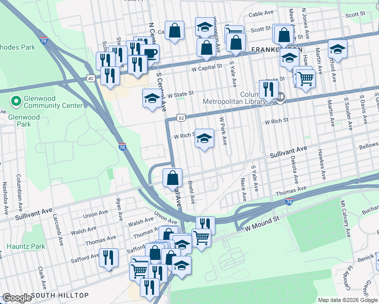 map of restaurants, bars, coffee shops, grocery stores, and more near 266 Brehl Avenue in Columbus