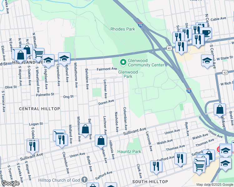 map of restaurants, bars, coffee shops, grocery stores, and more near 171 Columbian Avenue in Columbus