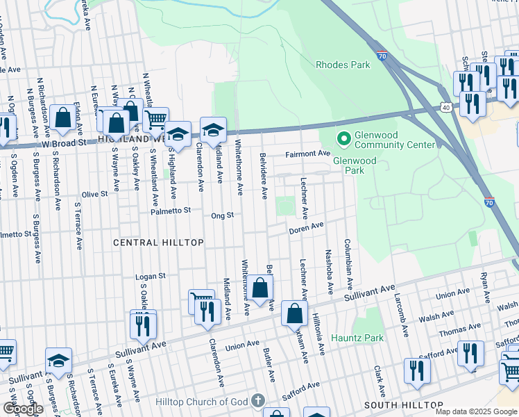 map of restaurants, bars, coffee shops, grocery stores, and more near 160 Belvidere Avenue in Columbus