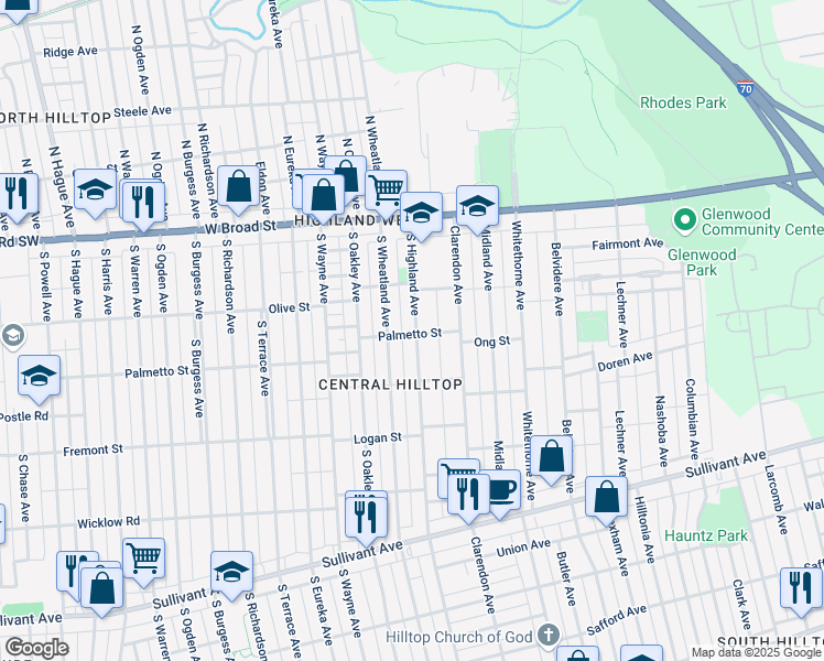map of restaurants, bars, coffee shops, grocery stores, and more near 143 South Highland Avenue in Columbus