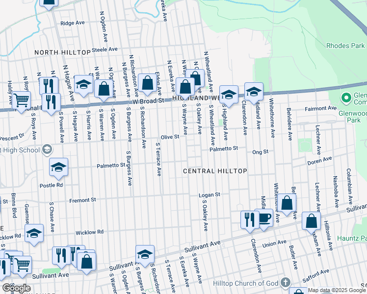 map of restaurants, bars, coffee shops, grocery stores, and more near 142 South Wayne Avenue in Columbus