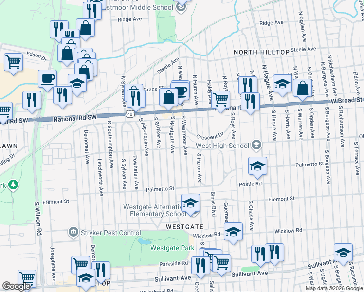 map of restaurants, bars, coffee shops, grocery stores, and more near 91 South Westmoor Avenue in Columbus