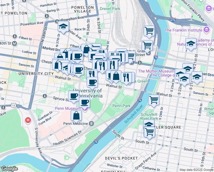 map of restaurants, bars, coffee shops, grocery stores, and more near 3200 Walnut Street in Philadelphia
