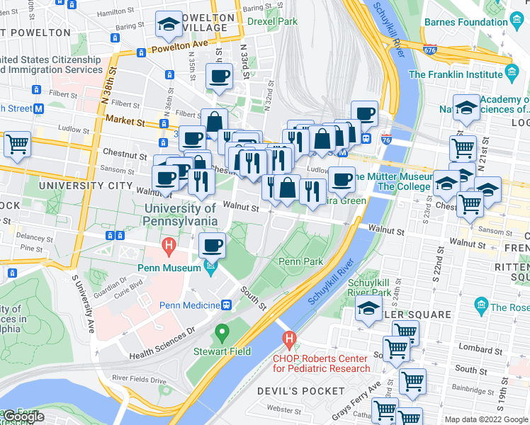 map of restaurants, bars, coffee shops, grocery stores, and more near 3200 Walnut Street in Philadelphia