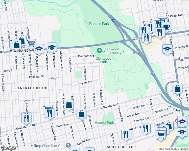 map of restaurants, bars, coffee shops, grocery stores, and more near 171 Columbian Avenue in Columbus