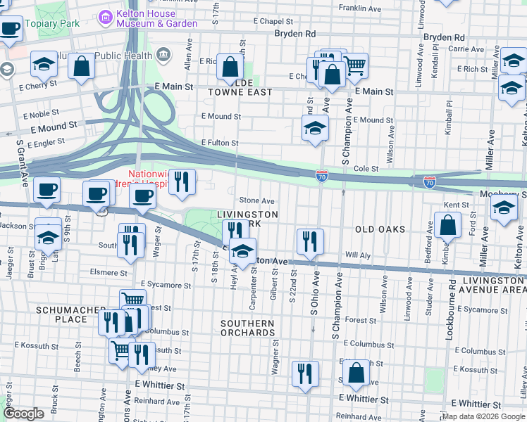 map of restaurants, bars, coffee shops, grocery stores, and more near 605 Gilbert Street in Columbus