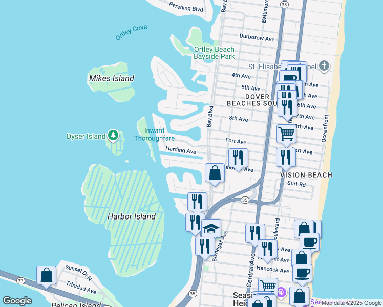 map of restaurants, bars, coffee shops, grocery stores, and more near 415A Harding Avenue in Seaside Heights