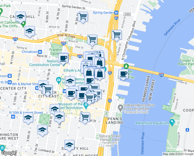 map of restaurants, bars, coffee shops, grocery stores, and more near 112 North 2nd Street in Philadelphia