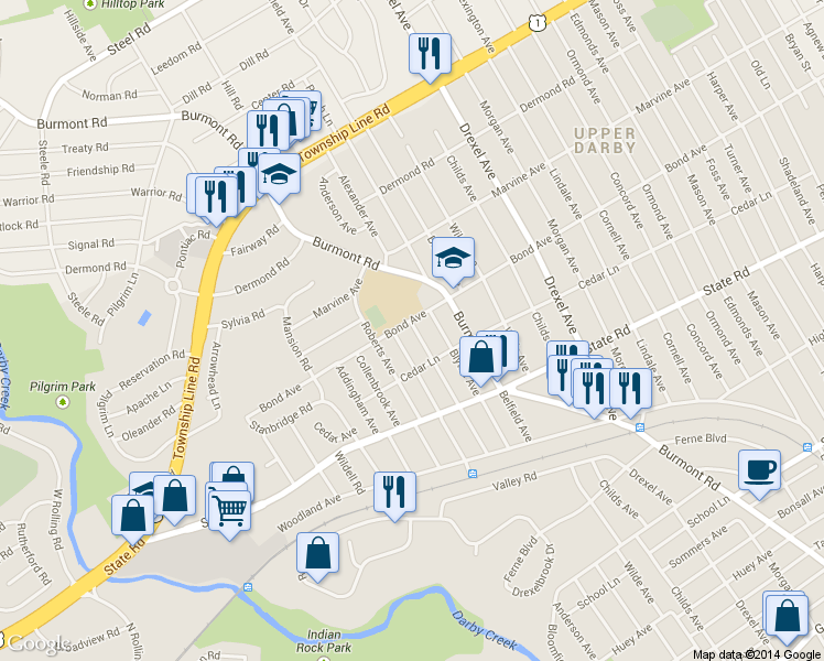 map of restaurants, bars, coffee shops, grocery stores, and more near 932 Alexander Avenue in Upper Darby