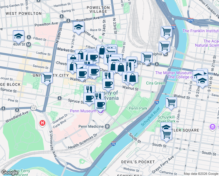 map of restaurants, bars, coffee shops, grocery stores, and more near 200 South 33rd Street in Philadelphia