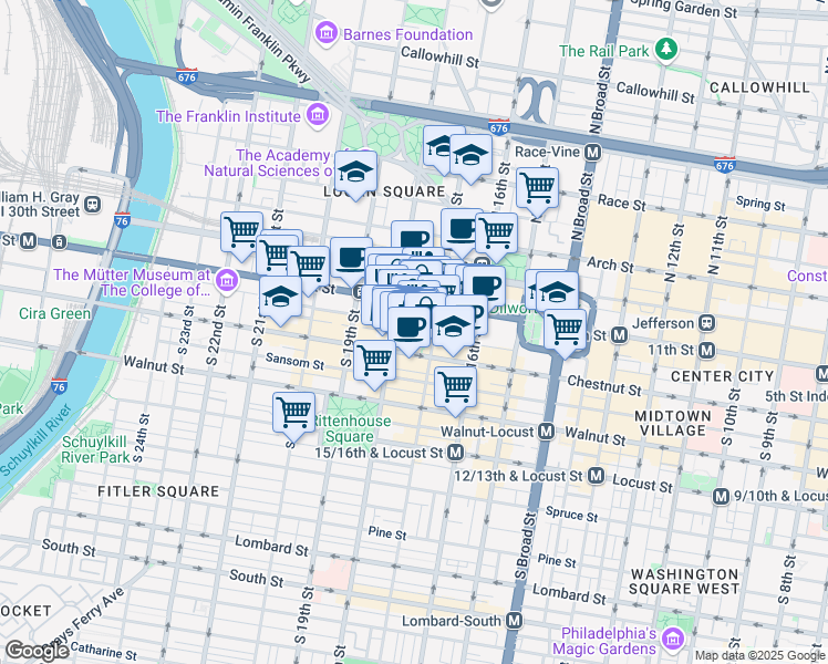 map of restaurants, bars, coffee shops, grocery stores, and more near 30 South 17th Street in Philadelphia