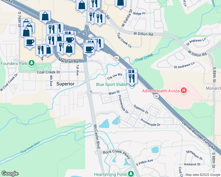 map of restaurants, bars, coffee shops, grocery stores, and more near 2250 Main Street in Superior