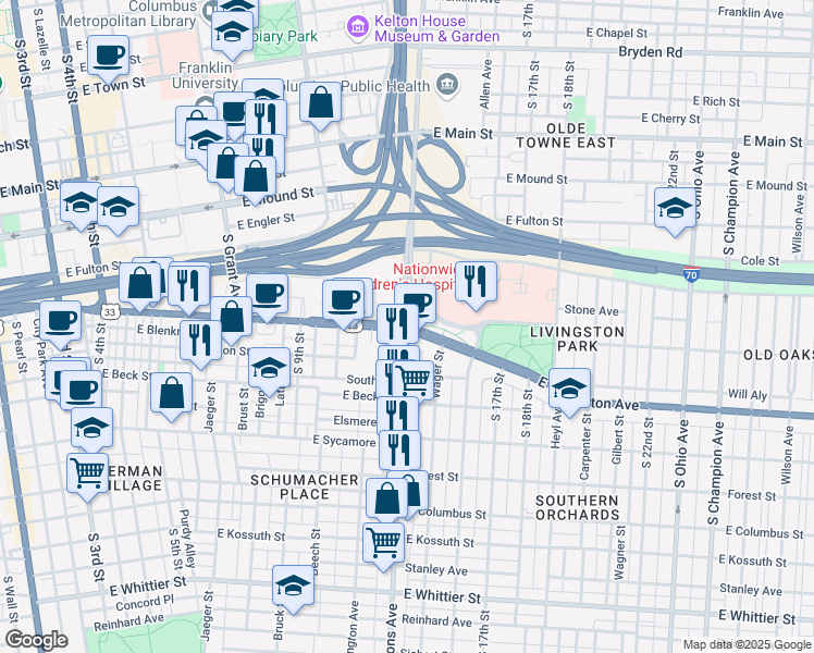 map of restaurants, bars, coffee shops, grocery stores, and more near in Columbus