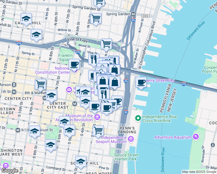 map of restaurants, bars, coffee shops, grocery stores, and more near 105 North Bread Street in Philadelphia
