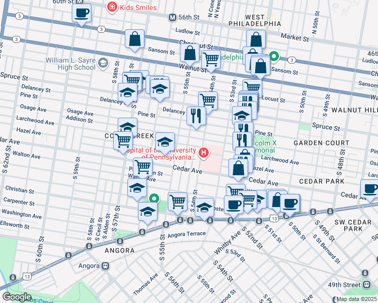 map of restaurants, bars, coffee shops, grocery stores, and more near 515 South Conestoga Street in Philadelphia
