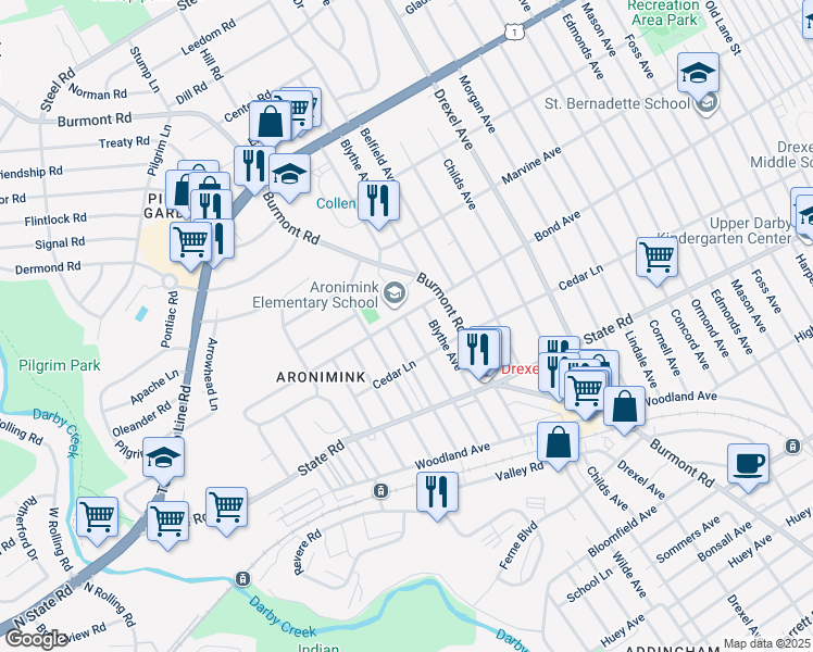 map of restaurants, bars, coffee shops, grocery stores, and more near 932 Alexander Avenue in Upper Darby