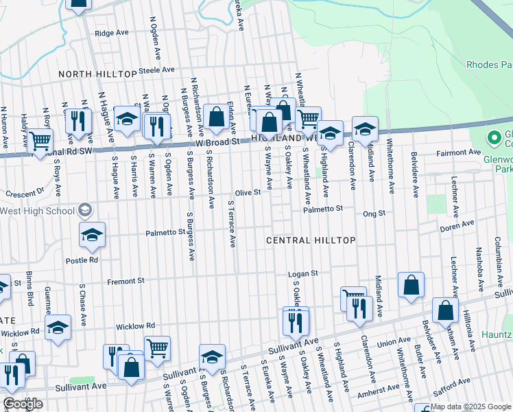 map of restaurants, bars, coffee shops, grocery stores, and more near 148 South Eureka Avenue in Columbus