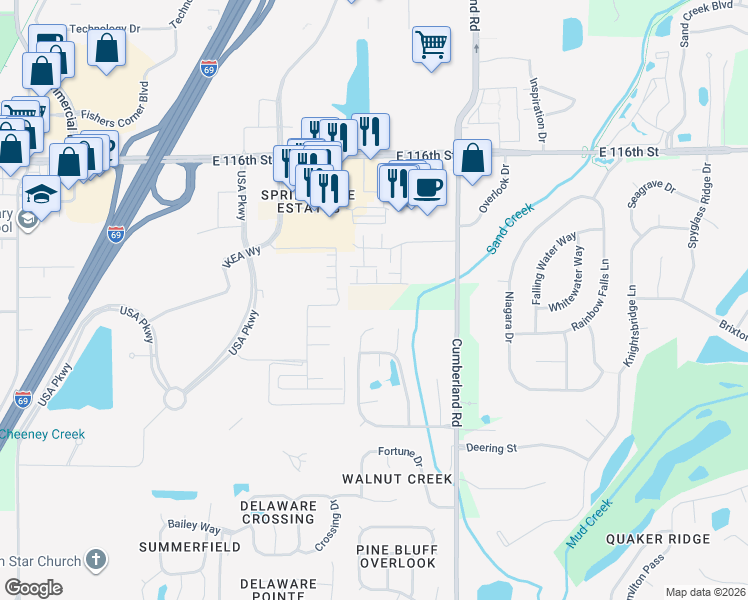 map of restaurants, bars, coffee shops, grocery stores, and more near 11359 Cumberland Road in Fishers