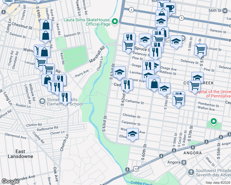 map of restaurants, bars, coffee shops, grocery stores, and more near 608-18 South 62nd Street in Philadelphia