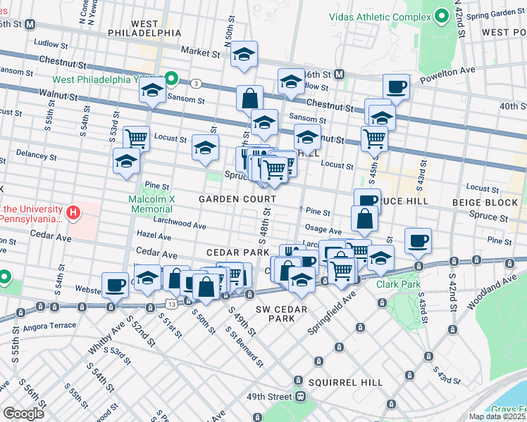 map of restaurants, bars, coffee shops, grocery stores, and more near 400 South 48th Street in Philadelphia