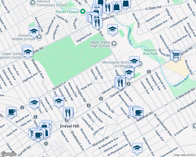 map of restaurants, bars, coffee shops, grocery stores, and more near 467 Eaton Road in Drexel Hill