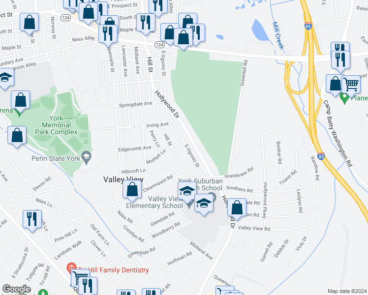 map of restaurants, bars, coffee shops, grocery stores, and more near 1304 South Ogontz Street in York