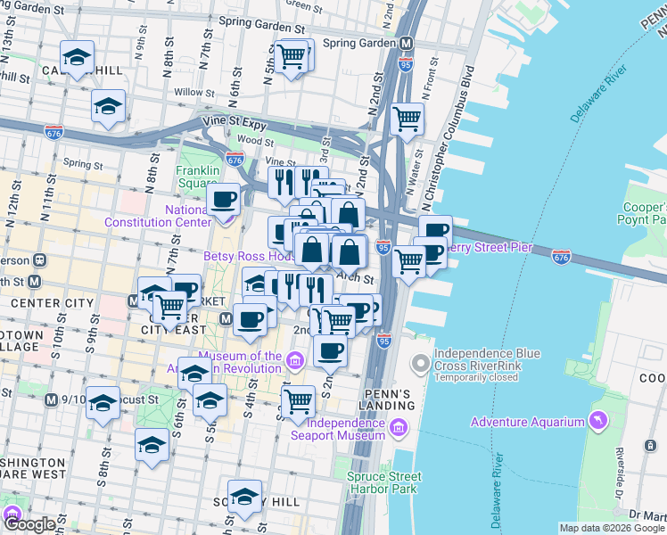 map of restaurants, bars, coffee shops, grocery stores, and more near 225 Arch Street in Philadelphia