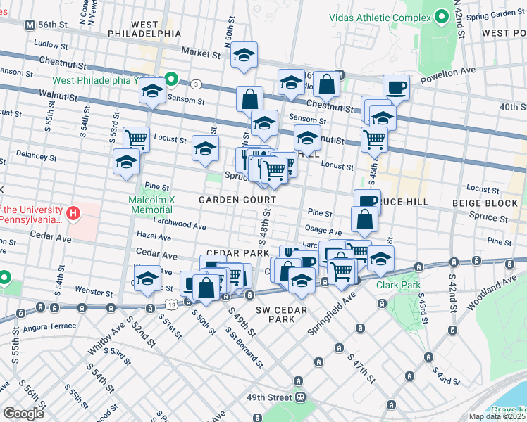 map of restaurants, bars, coffee shops, grocery stores, and more near 400 South 48th Street in Philadelphia