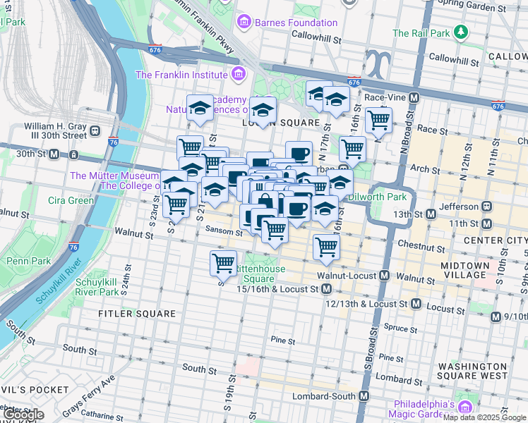 map of restaurants, bars, coffee shops, grocery stores, and more near 39-41 South 19th Street in Philadelphia