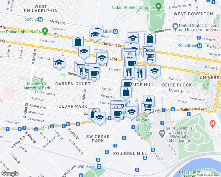 map of restaurants, bars, coffee shops, grocery stores, and more near 4621 Pine Street in Philadelphia