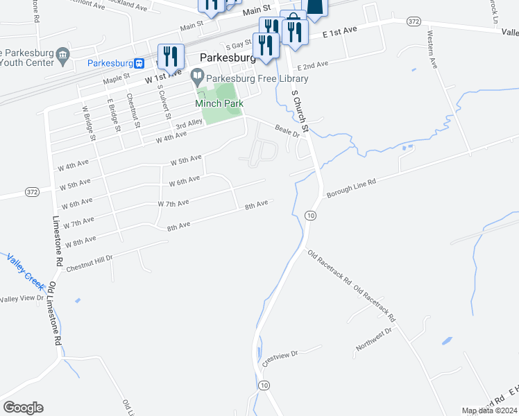 map of restaurants, bars, coffee shops, grocery stores, and more near 308 8th Avenue in Parkesburg