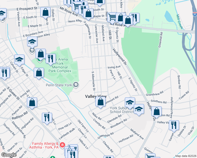 map of restaurants, bars, coffee shops, grocery stores, and more near 1191 South Albemarle Street in York