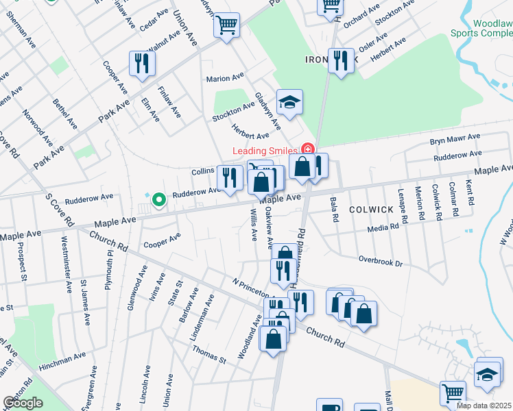 map of restaurants, bars, coffee shops, grocery stores, and more near 7602 Maple Avenue in Pennsauken Township
