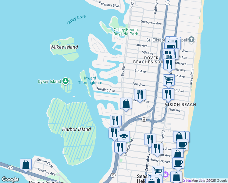 map of restaurants, bars, coffee shops, grocery stores, and more near 402 Harding Avenue in Seaside Heights