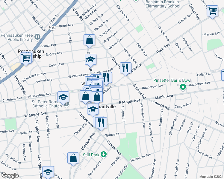 map of restaurants, bars, coffee shops, grocery stores, and more near 102 East Chestnut Avenue in Merchantville