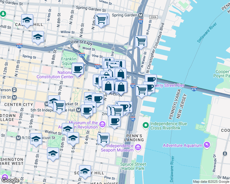 map of restaurants, bars, coffee shops, grocery stores, and more near 225 Arch Street in Philadelphia