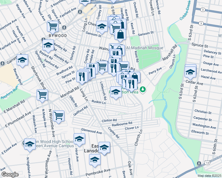 map of restaurants, bars, coffee shops, grocery stores, and more near 510 Woodcliffe Road in Upper Darby