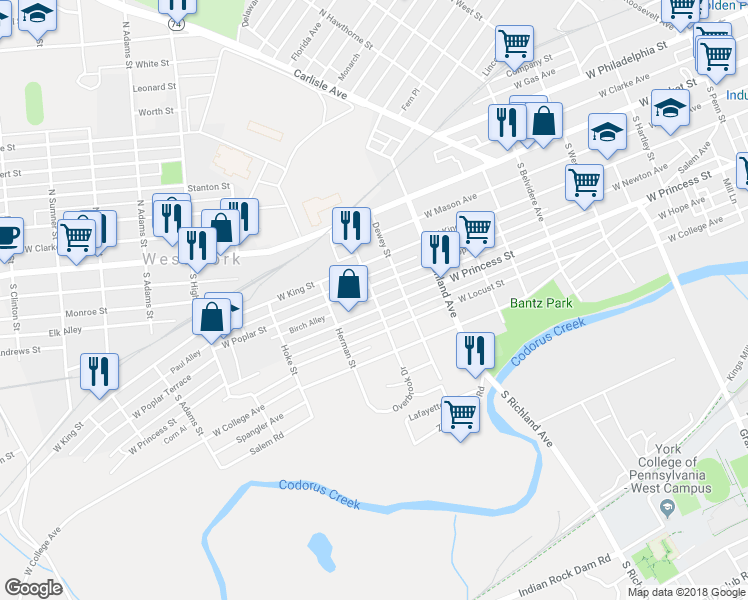 map of restaurants, bars, coffee shops, grocery stores, and more near 1201 West Princess Street in York