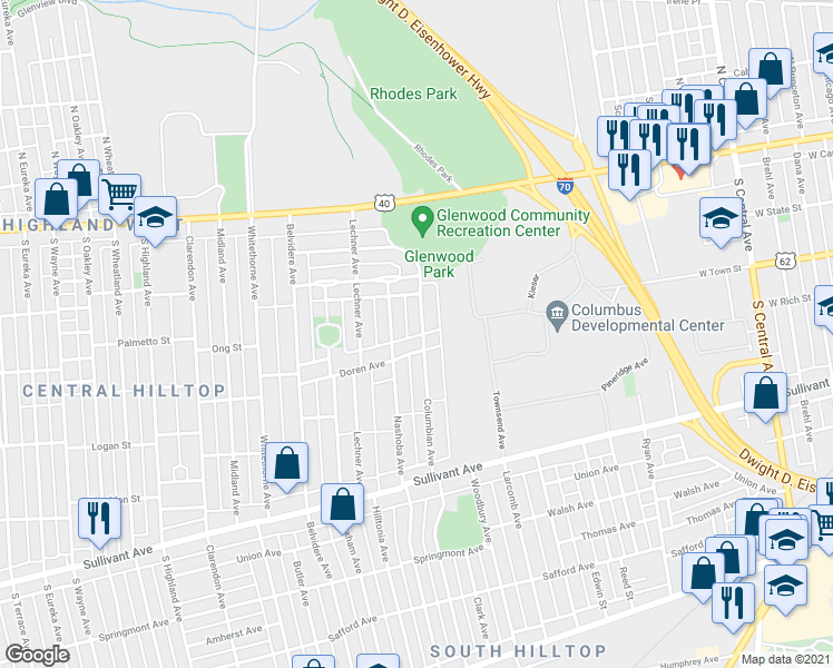 map of restaurants, bars, coffee shops, grocery stores, and more near 187 Columbian Avenue in Columbus
