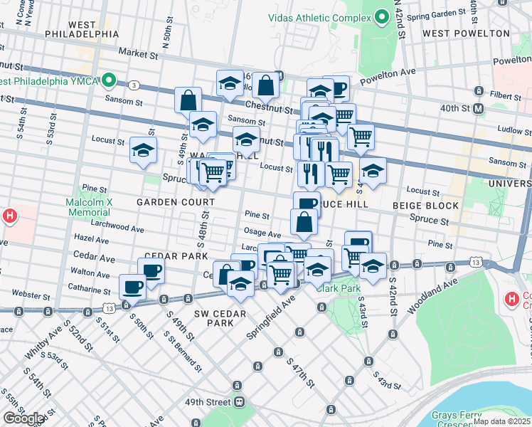 map of restaurants, bars, coffee shops, grocery stores, and more near 4621 Pine Street in Philadelphia