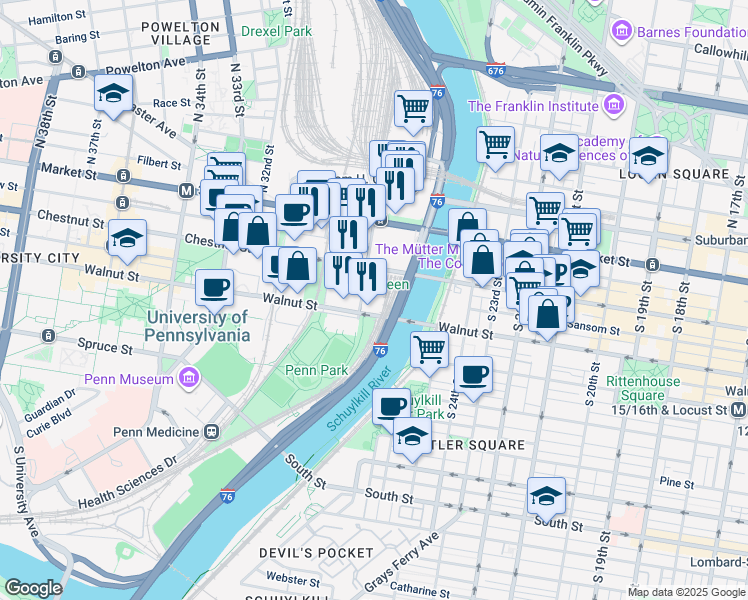 map of restaurants, bars, coffee shops, grocery stores, and more near 129 South 30th Street in Philadelphia