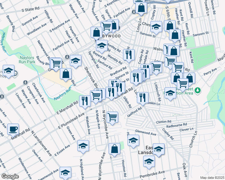 map of restaurants, bars, coffee shops, grocery stores, and more near 135 Springton Road in Delaware County