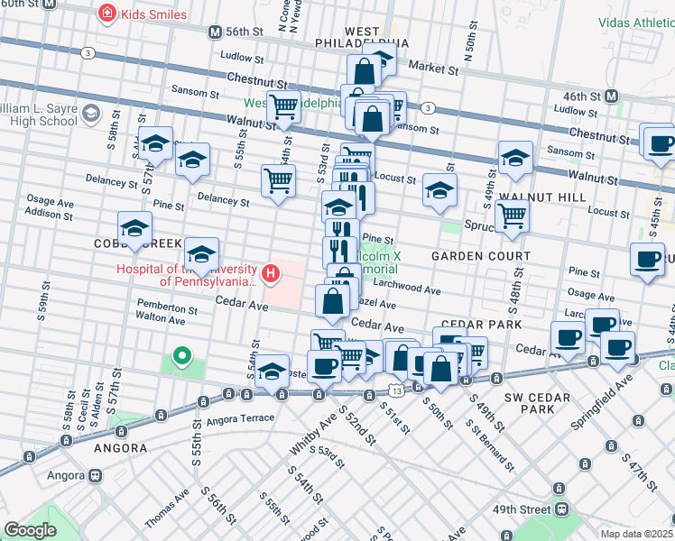 map of restaurants, bars, coffee shops, grocery stores, and more near 5217 Larchwood Avenue in Philadelphia