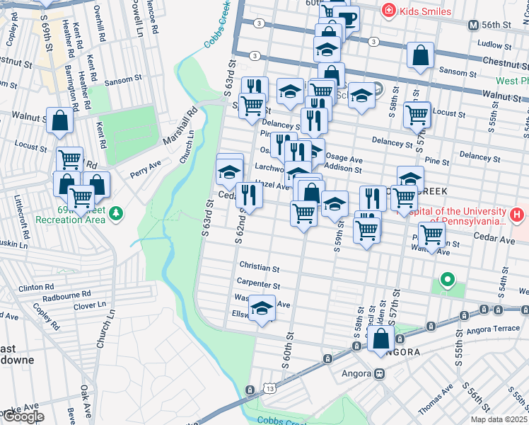 map of restaurants, bars, coffee shops, grocery stores, and more near 6117 Walton Avenue in Philadelphia