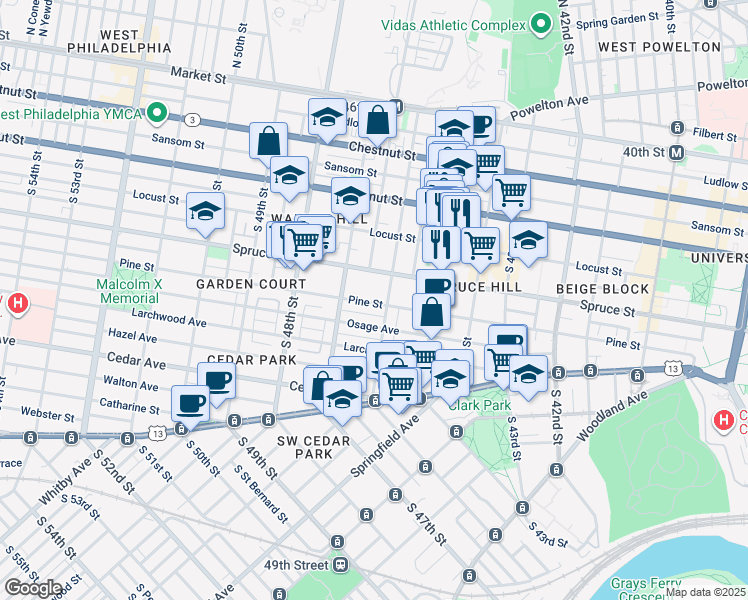 map of restaurants, bars, coffee shops, grocery stores, and more near 4631 Pine Street in Philadelphia